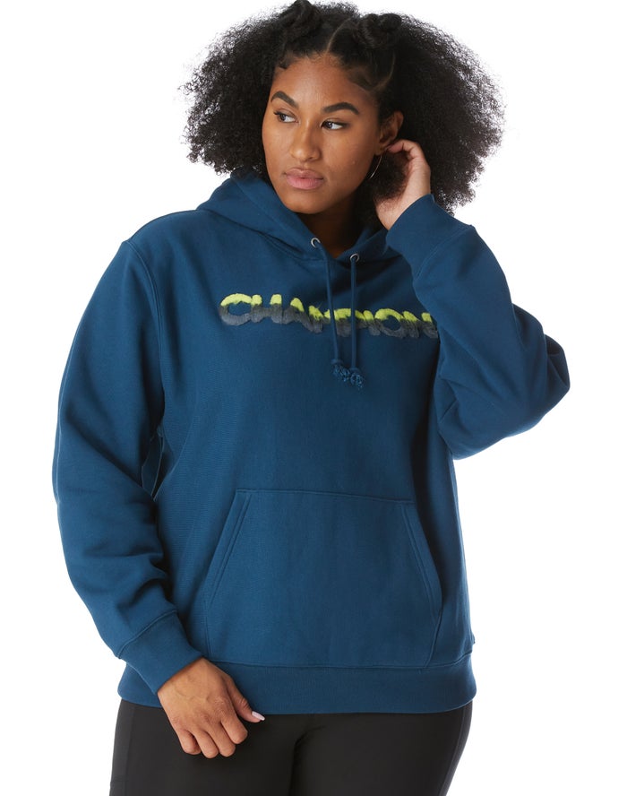 Champion Womens Hoodie NZ - Plus Reverse Weave Ombre Chenille Applique Blue ( 7546-DJINZ )